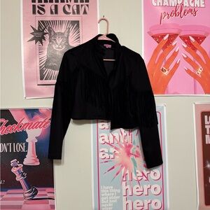 Chic Black Cropped Fringe Jacket